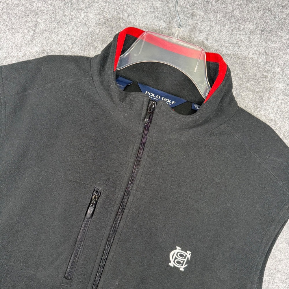 Polo Golf Fleece Vest Mens XL Black Full Zip Red Collar Sleeveless Jacket